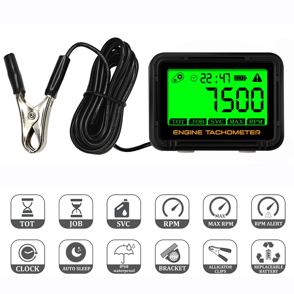 Moto Inductive Digital Tachometer SVC TOT JOBEngine Hour Meter Gauge Backlight Resettable RPM for Gasoline Motorcycle Lawn Mower