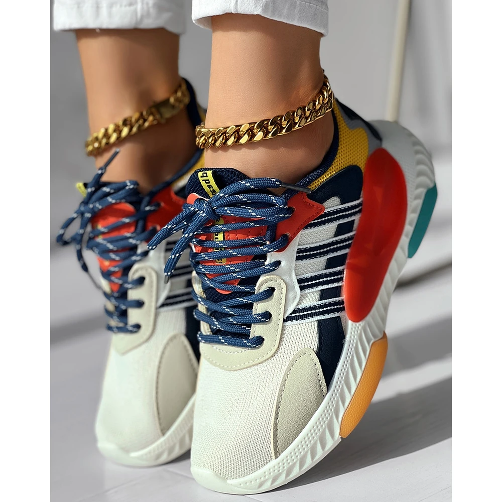 Fashion Women Colorblock Breathable Mesh Lace-up Sneakers Daily Casual Round Toe Platform Sports Shoes Spring Going Out Shoes