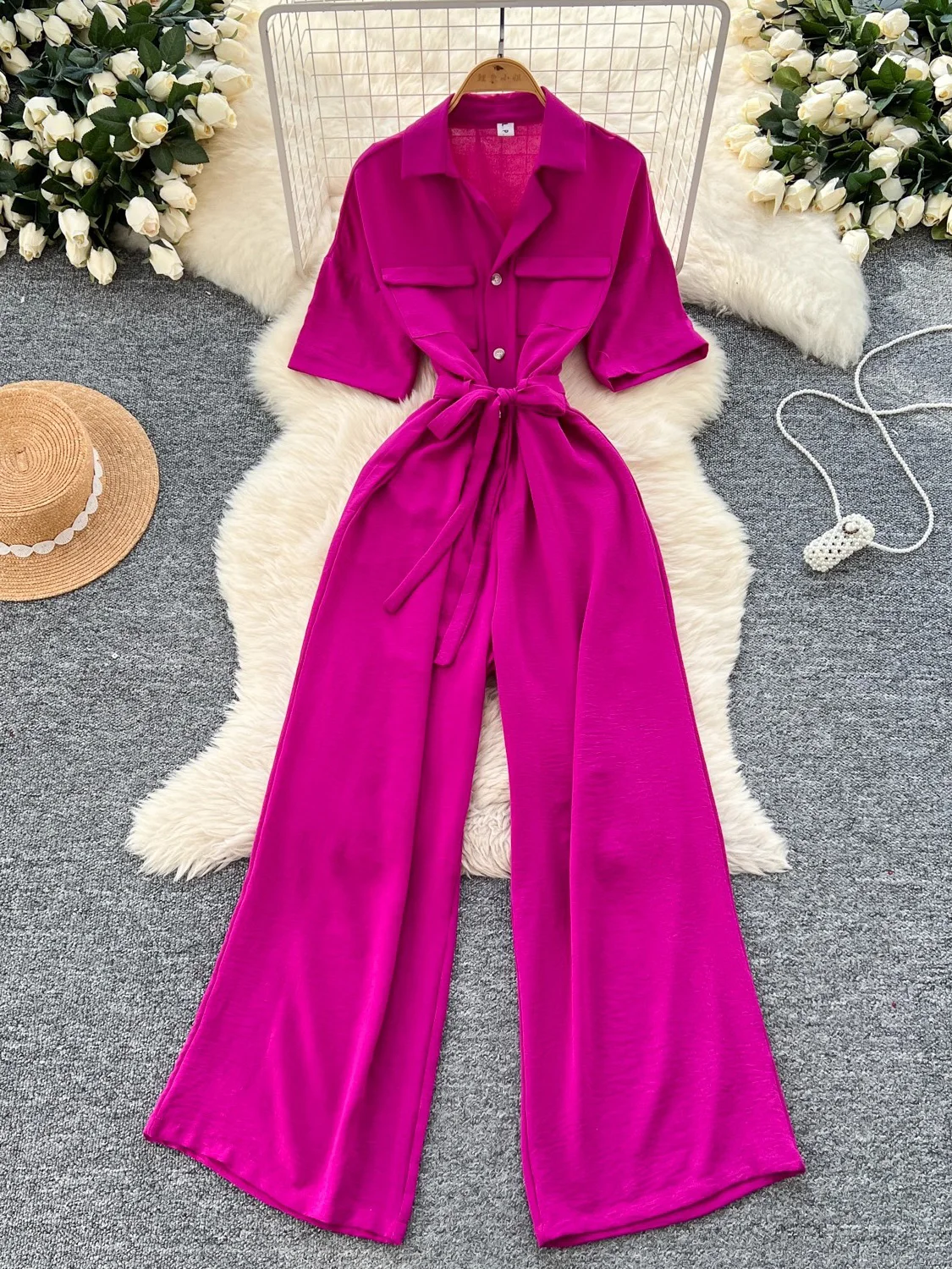 Summer Casual Women Wide Leg Jumpsuit Vintage Turn-Down Collar Short Sleeve Single Breasted Romper Green/Blue/Rose Red New