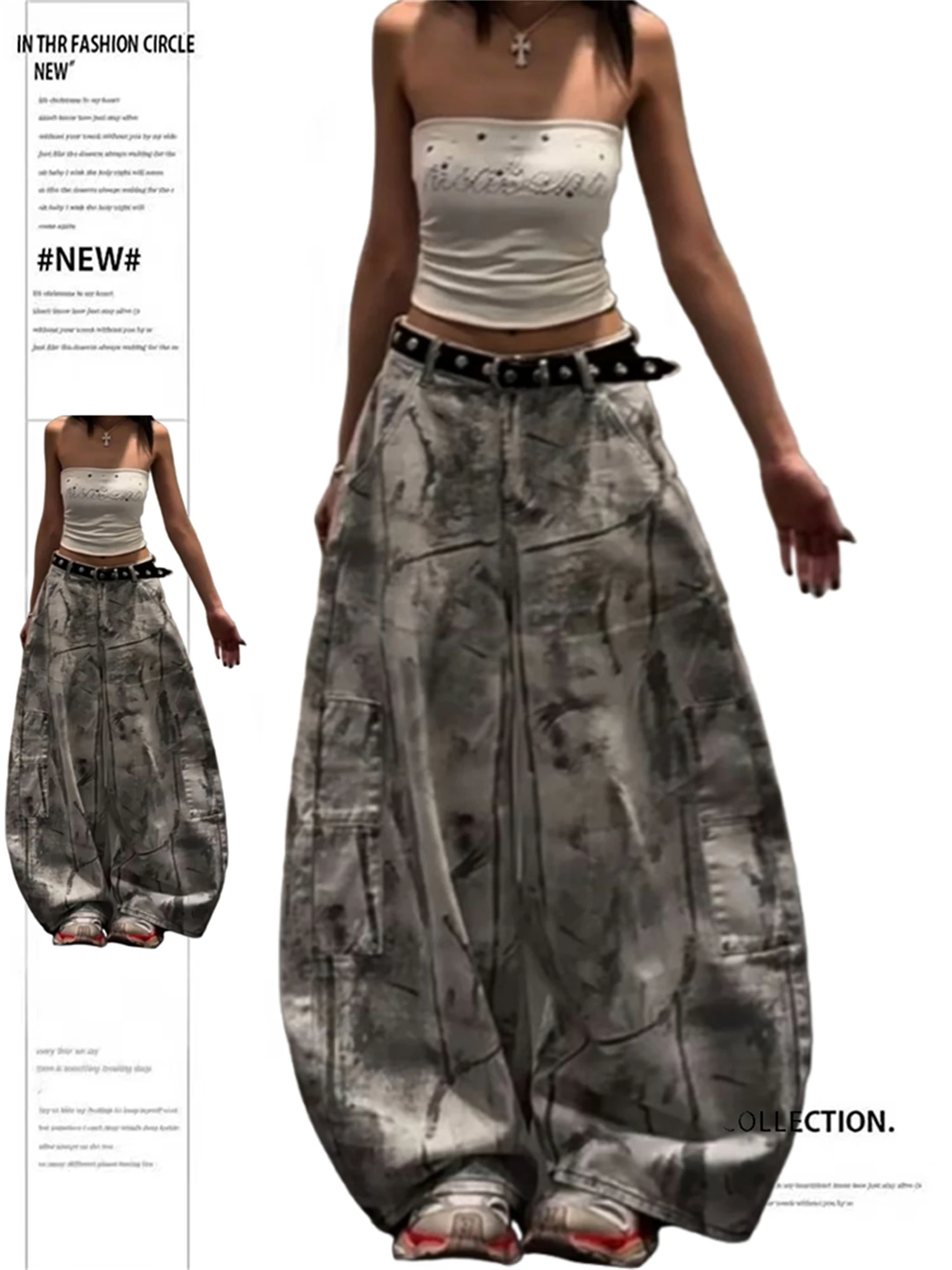 

Women's High Waist Wide Leg Gray White Tie Dye Jeans Multi-Pocket Cargo Style Vintage Washed Y2K Streetwear Loose Denim Trousers