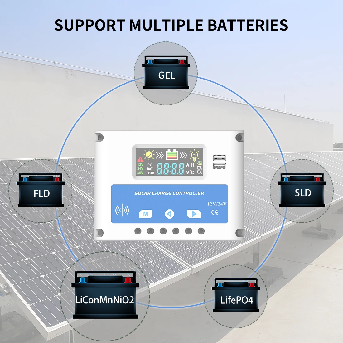 Anern 20A 30A 12V 24V PWM Solar Charging Controller 50V DC Solar Battery Charge Controller Double Dual USB Colorful Screen