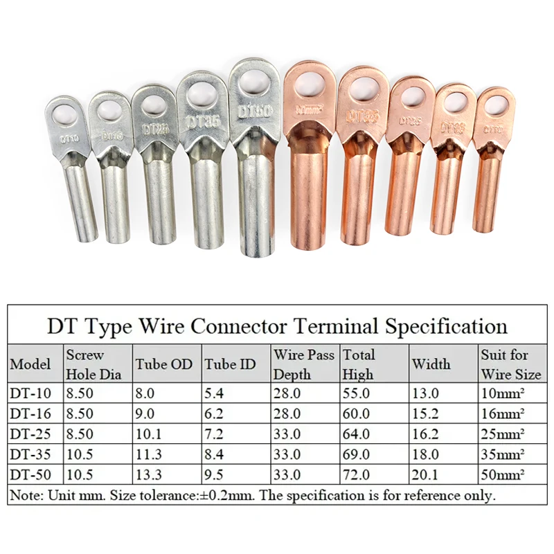 

DT Series DT-10-16-25-35-50 Wire Lug Terminals Copper Tube Crimp Tinned Copper Block Bolt Hole Nose Cable Connector 1 ~ 50pcs
