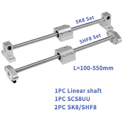 1Set 8mm Round Linear Shaft length100-550mm+Slide Rail Slide Block SCS8UU+Linear Rail Clamp SK8/SHF8 For Printer Accessories