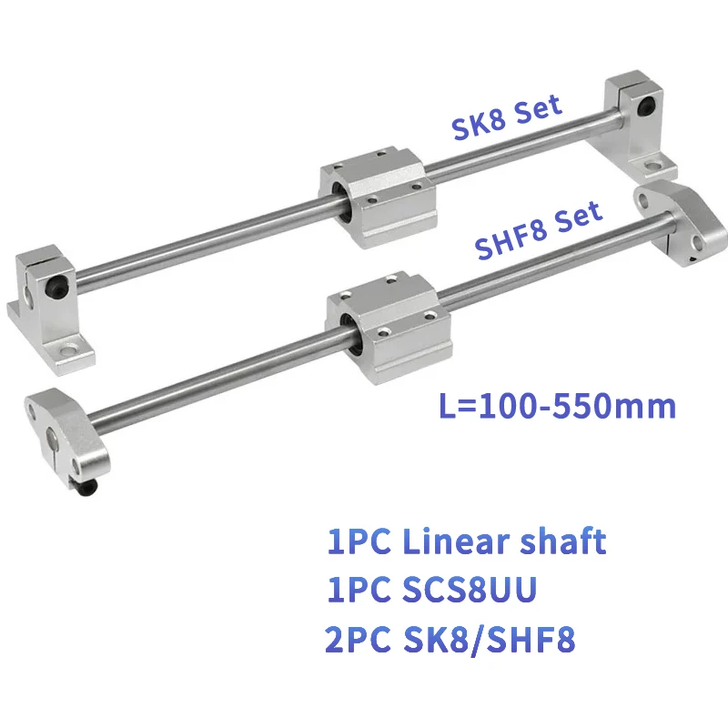 1Set 8mm Round Linear Shaft length100-550mm+Slide Rail Slide Block SCS8UU+Linear Rail Clamp SK8/SHF8 For Printer Accessories