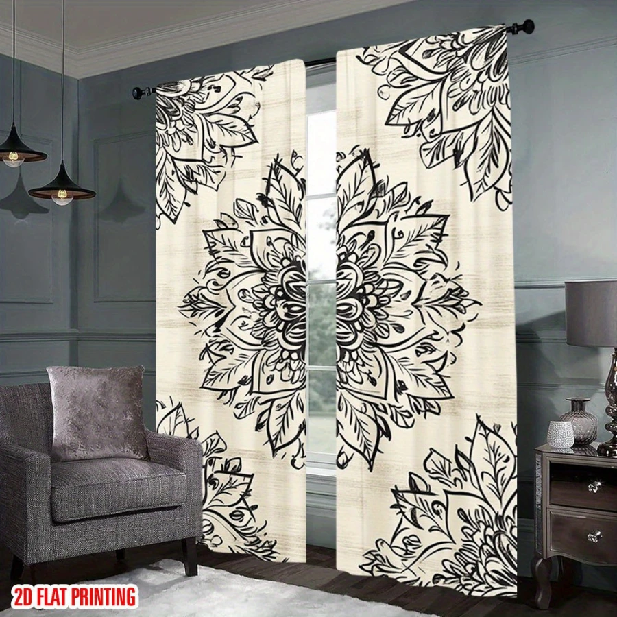 2PCS Digital Printed Curtains, Exotic Flower Vine Pattern, Artistic Pattern Window Drapes for Living Room Bedroom Decor