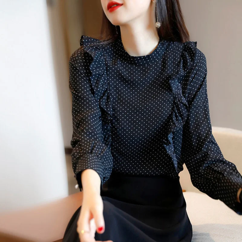 

Ruffle Polka Dot Chiffon Blouse Women Long Sleeve Round Neck Unique Design Top