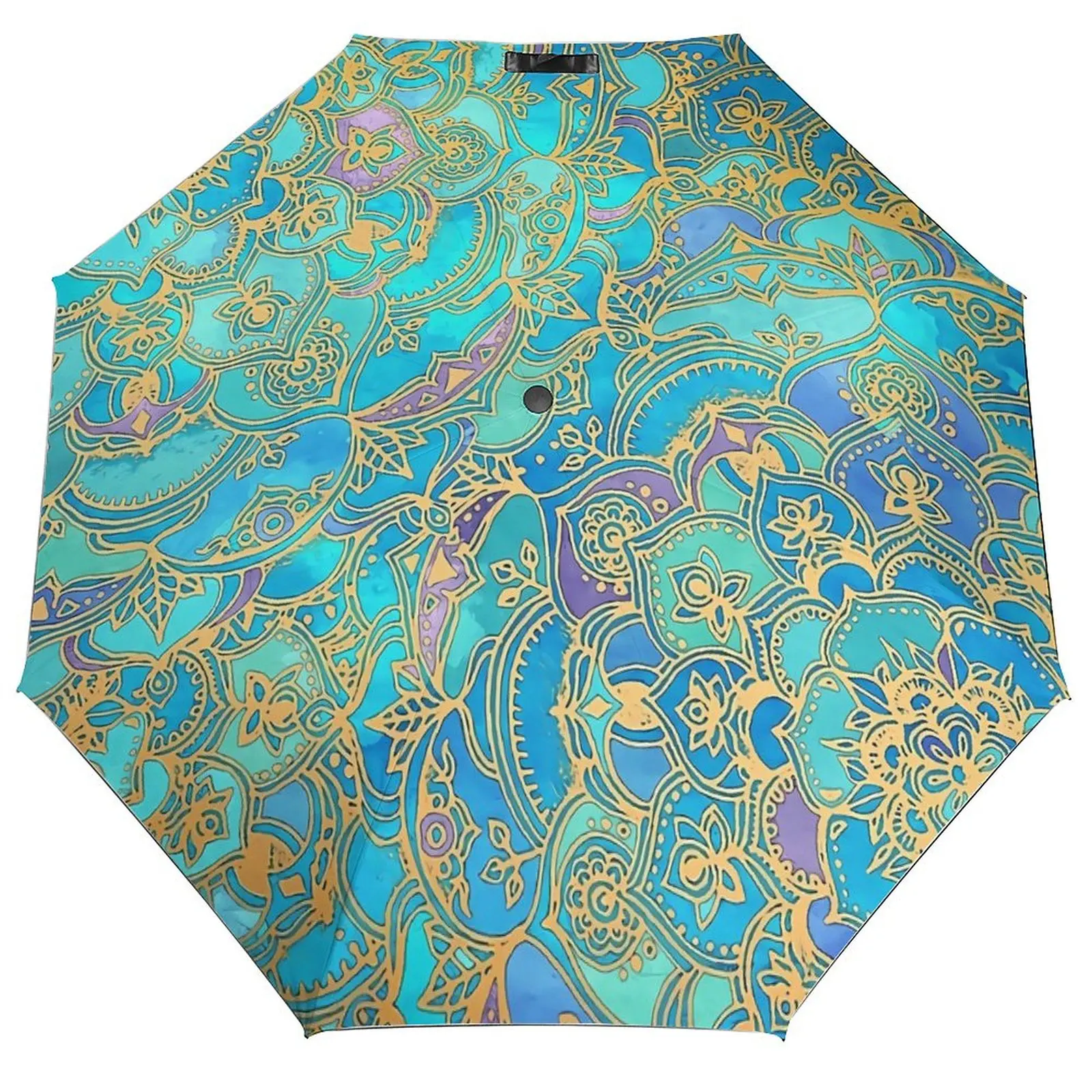 Boho Floral Print 3 Fold Auto Umbrella Blue Mandalas Carbon Fiber Frame Umbrella Sun and Rain Portable Umbrellas for Men Women