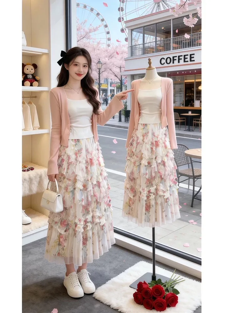 

Summer New Gentle Knitted Cardigan Strap Vest High Waist Slim Floral Half Skirt Women Three-piece Set Breathable Polyester Fiber