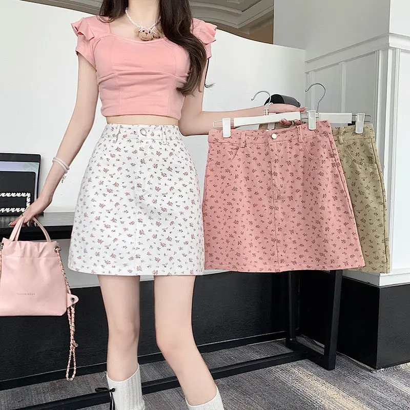 Sweet and Fresh Denim Floral Women's High Waist Slim Temperament Printed A-line Hip Skirt