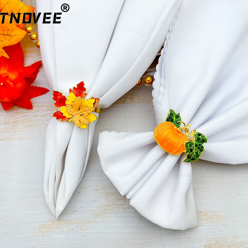 6Pcs Rhinestone Pumpkin Napkin Rings Farmhouse Fall Maple Leaf Napkin Holder for Thanksgiving Wedding Christmas Dining Table Dec