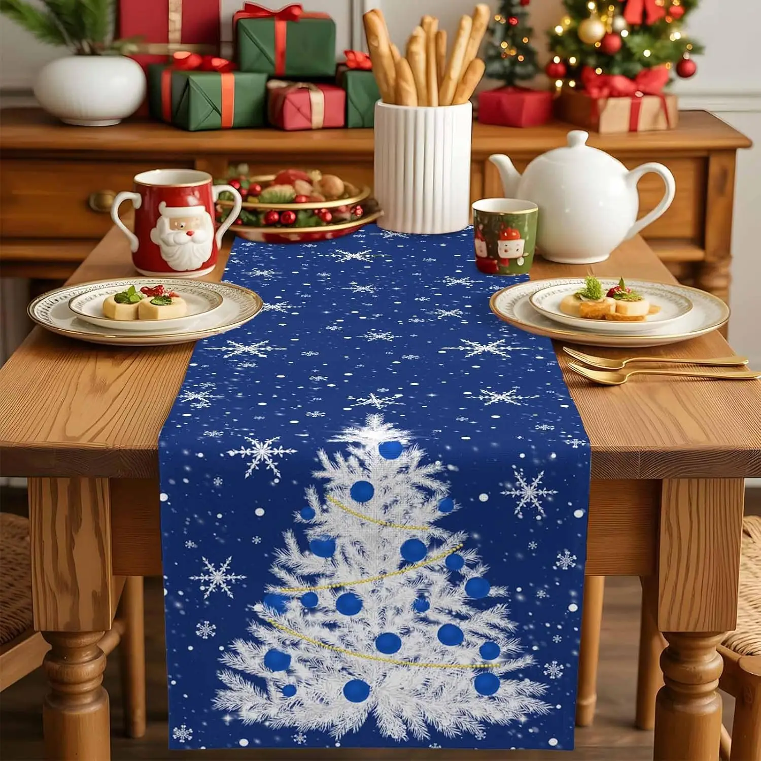 Christmas Tree Snowflakes Linen Table Runner Holiday Party Decor Winter Xmas Kitchen Dining Table Runners Christmas Decorations