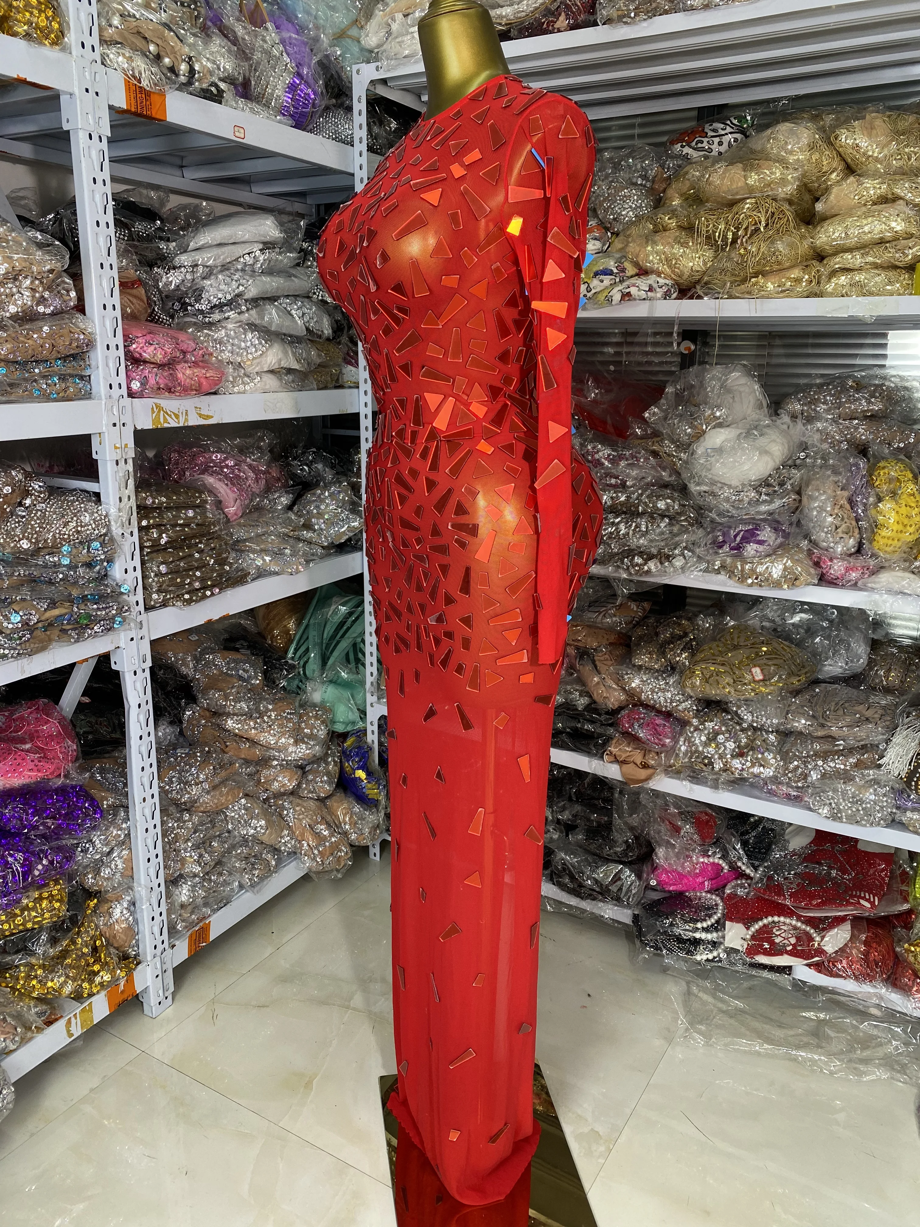 Feminino vermelho y2k vestido de festa à noite manga longa o pescoço espelho malha ver através maxi longo aniversário vestidos celebridade trajes palco