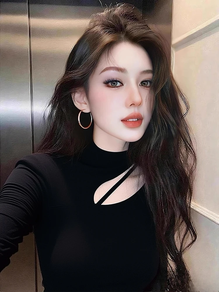 

Осенне-зимний комплект: утепленная водолазка с высоким воротником и длинным рукавом, с вырезами, имитирующая двухслойность, для женщин, стройнящий эффект