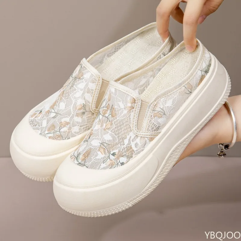 새로운 여름 경량 통기성 메쉬 천 신발 여성 캐주얼 편안한 부드러운 밑창 미끄럼 방지 두꺼운 밑창 키높이 신발