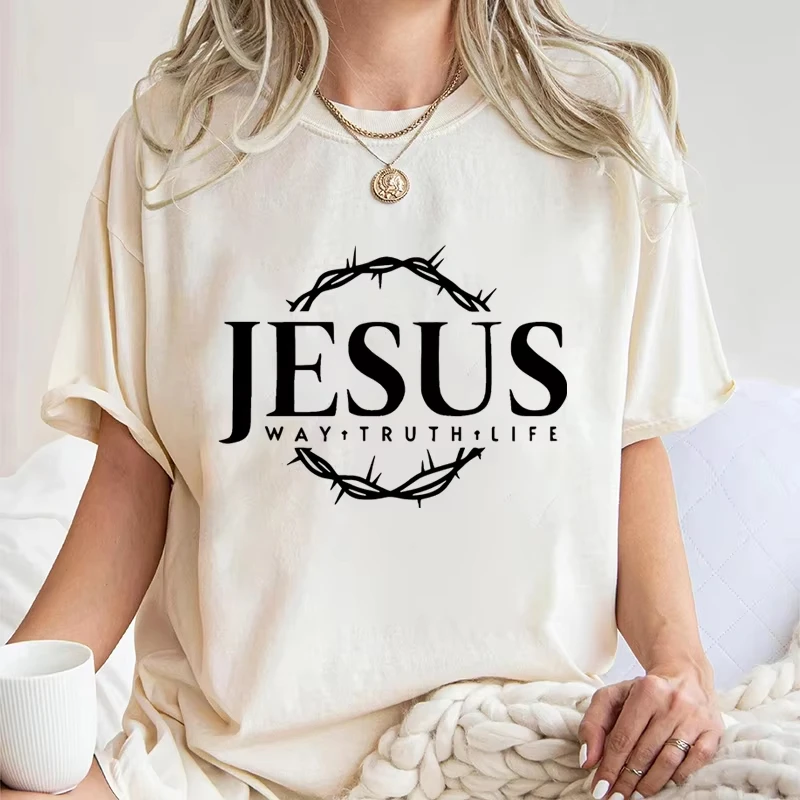 T-shirt chrétien « Jesus Way Truth Life », T-shirt graphique couronne d'épines, haut religieux unisexe, T-shirt à manches courtes pour la foi chrétienne