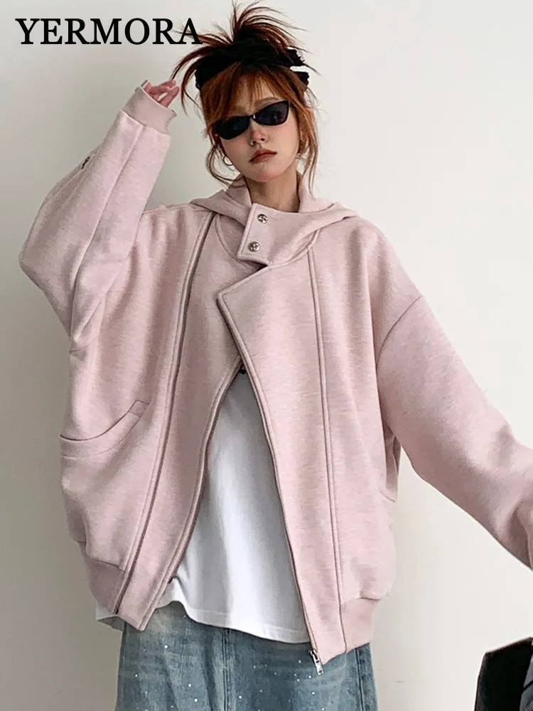 

YERMORA Women's Pink Color Zipper Pocket Casual Jacket Hooded Long Sleeve Loose New Coat Fashion Tdie Spring Autumn 2025