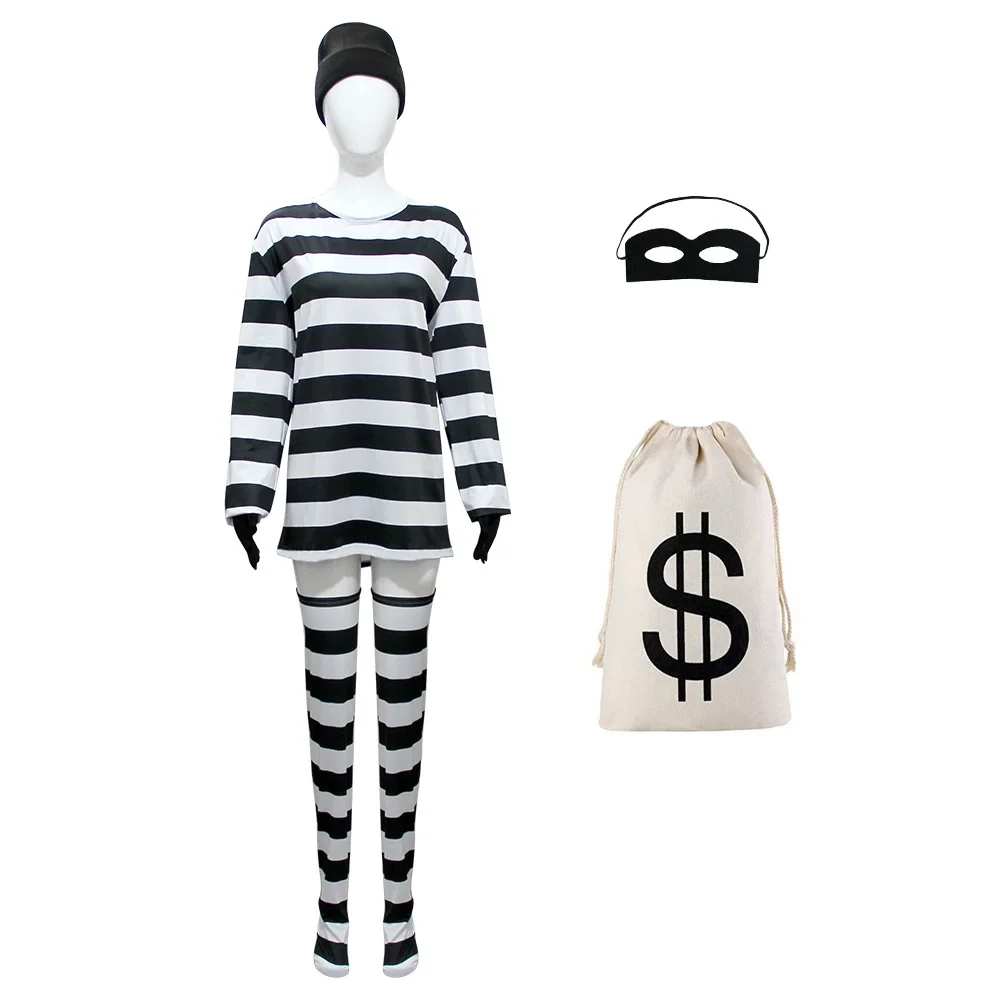 

Women Girls Thief Convict Cosplay Costumes Classic Striped Dress Canvas Bag Halloween Carnival Party Cosplay Prisoner Costume