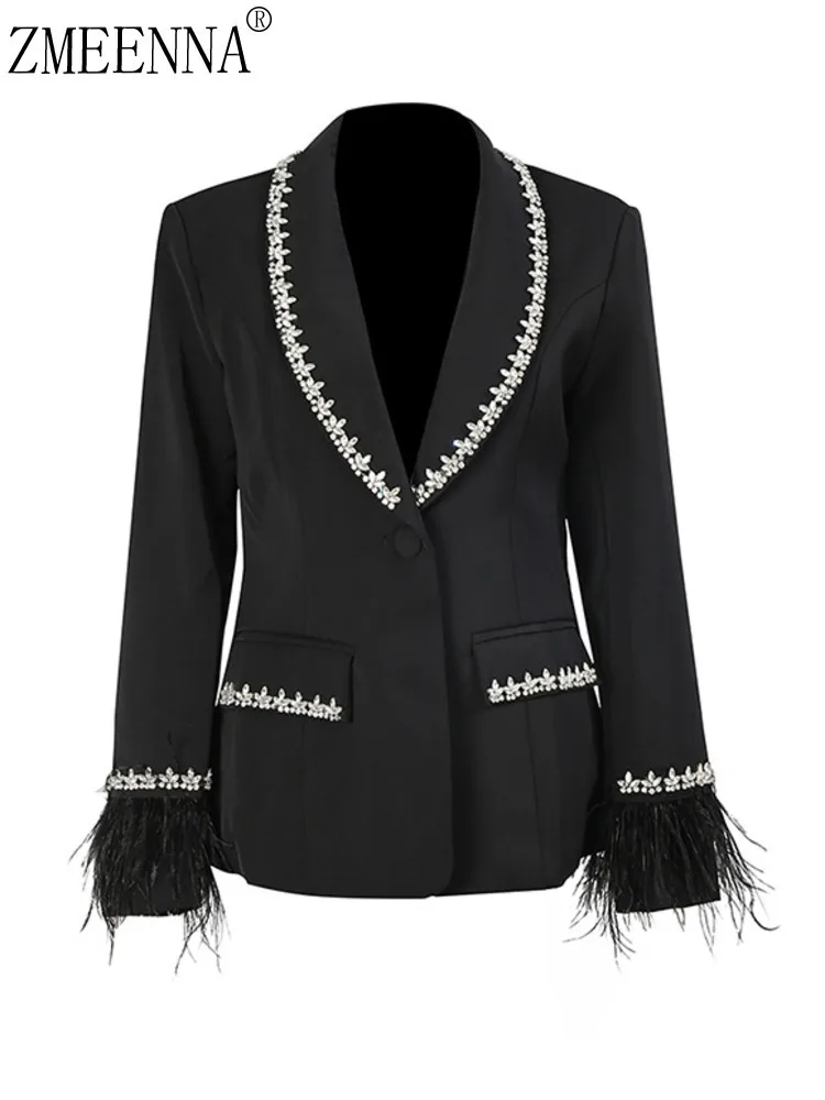 

ZMEENNA женский черный элегантный пиджак с украшенными лацканами и карманами, манжетами из перьев, на одной пуговице, с длинными рукавами, ZM3816
