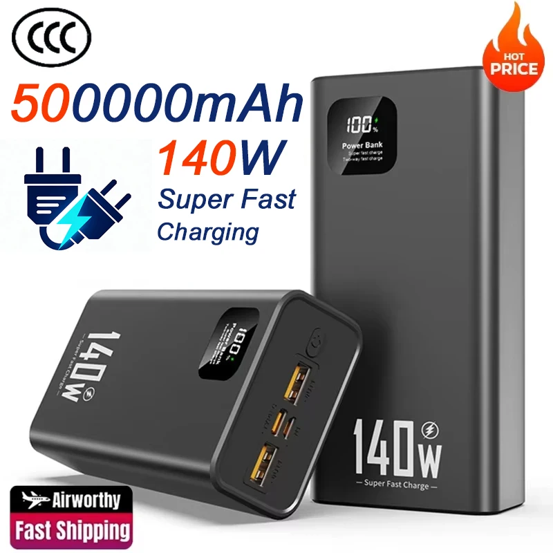 

Новый аккумулятор большой емкости 140 Вт, 500000 мАч, PD 22,5 Вт, портативное зарядное устройство с сверхбыстрой зарядкой для iPhone 12-17, Samsung 2026