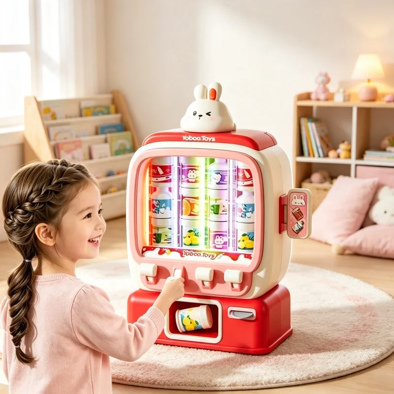 Children Mini Simulation Vending Machine Play House Toy Coin Operated Game Self Service Drinks Machine with Sound Effects Lights