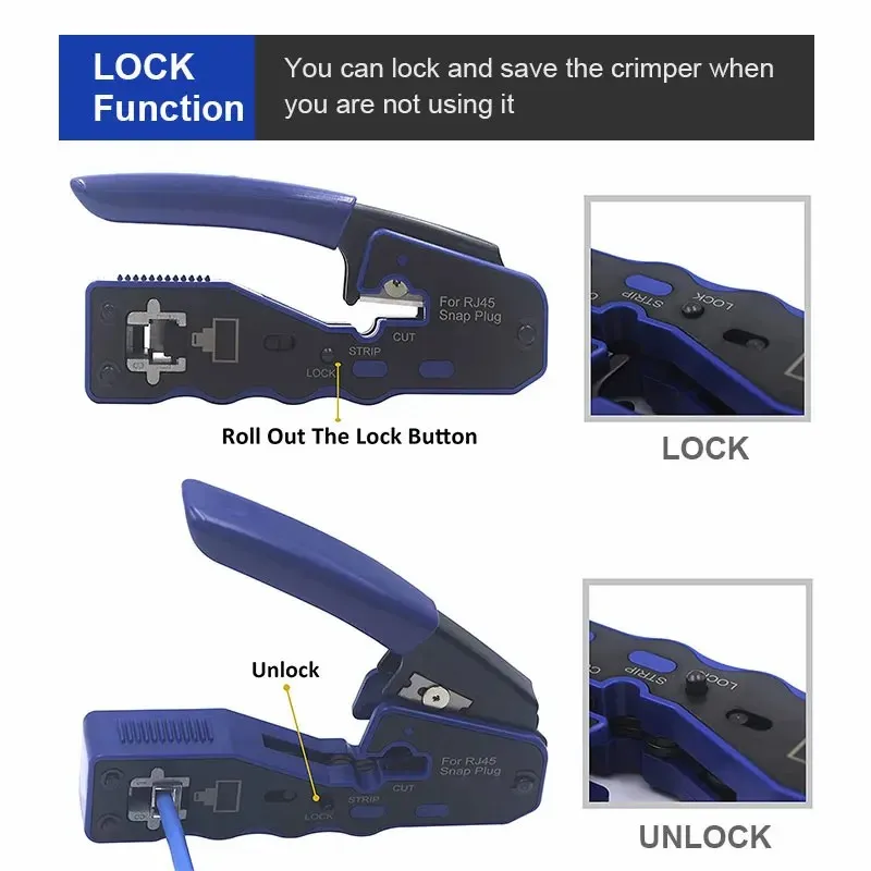 WoeoW Ethernet Crimper, Ferramenta de Crimpagem de Rede EZ, Wire Stripper Cutter para Cat6a Cat5, RJ45 Pass Through