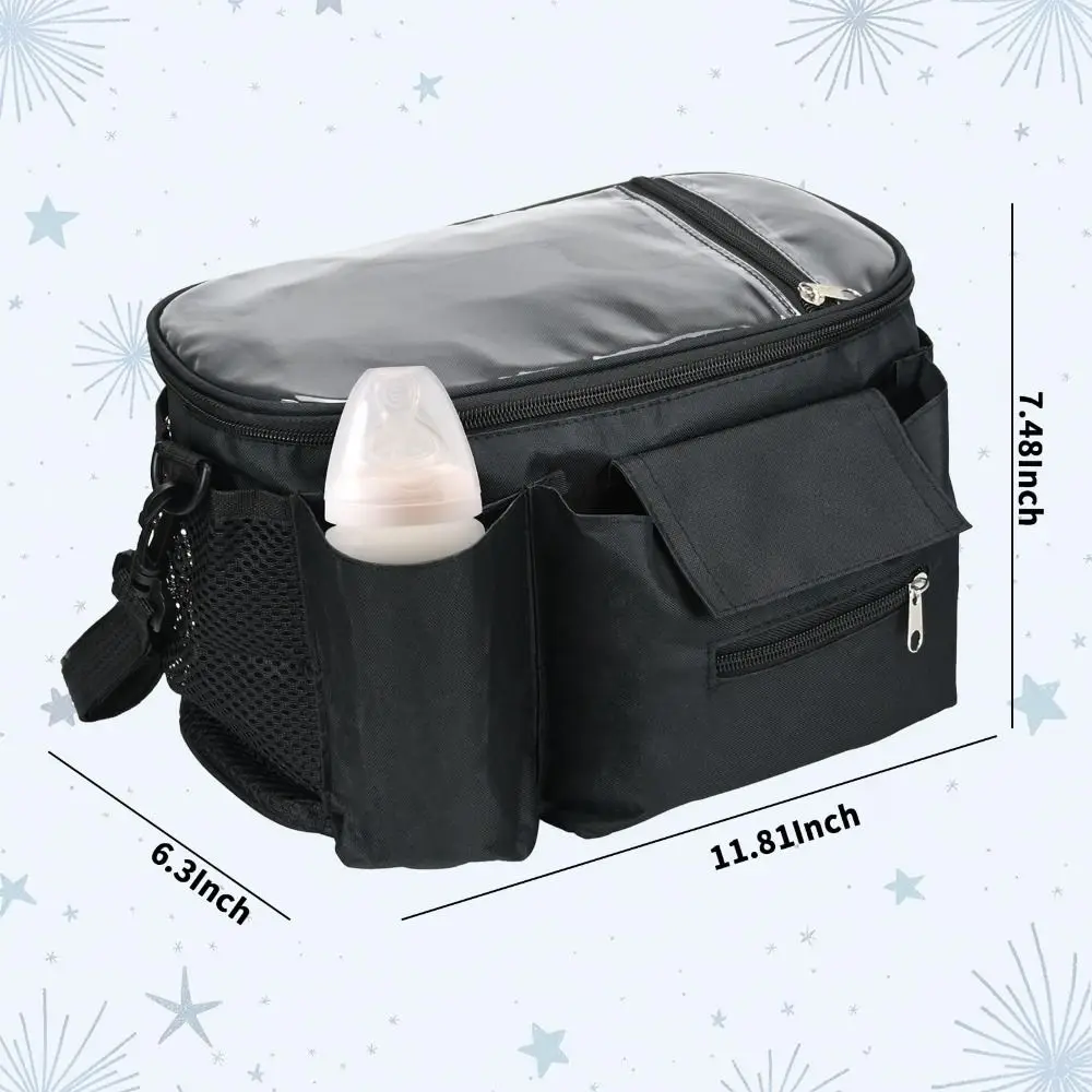 with Phone Window Stroller Organizer Bottle Pocket Hanging Straps Stroller Organizer Bag Side Mesh Pocket Zippered Compartment