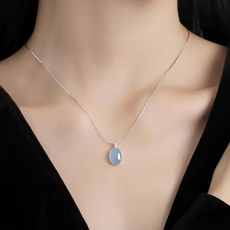 S925 Aquamarine Pendant Sterling Silver Necklace Women's Premium Sense Does Not Fade Summer ins Versatile Light Luxury Niche