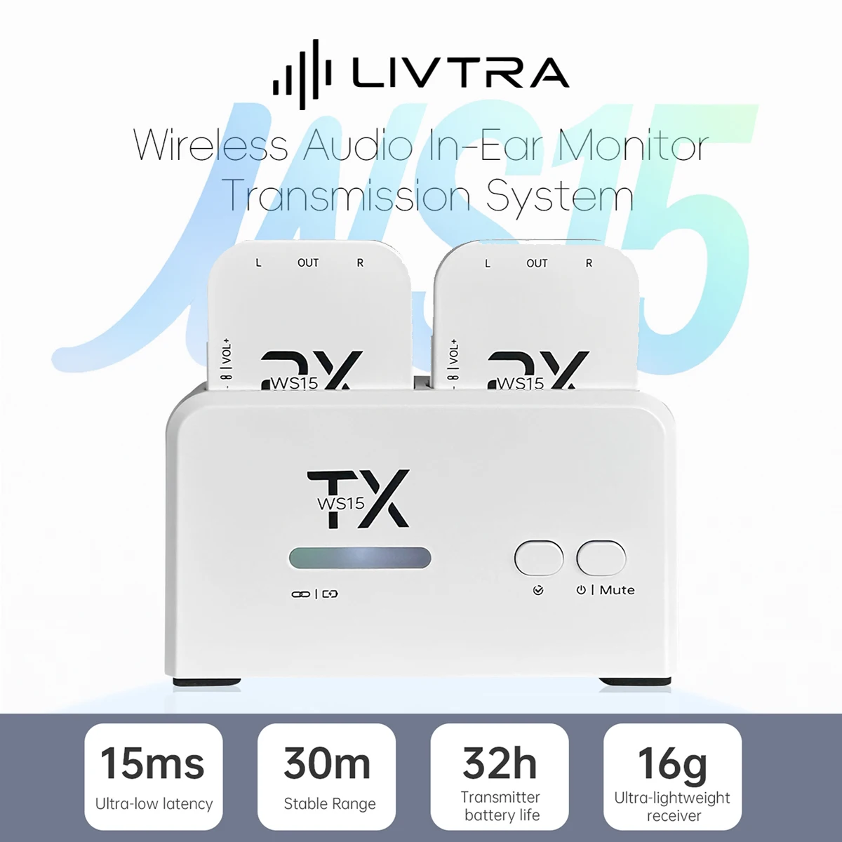 LIVTRA WS15 2.4GHz Wireless In-Ear Monitor System – 30m Range, 15ms Latency, 32h TX Battery, Charging Case, White