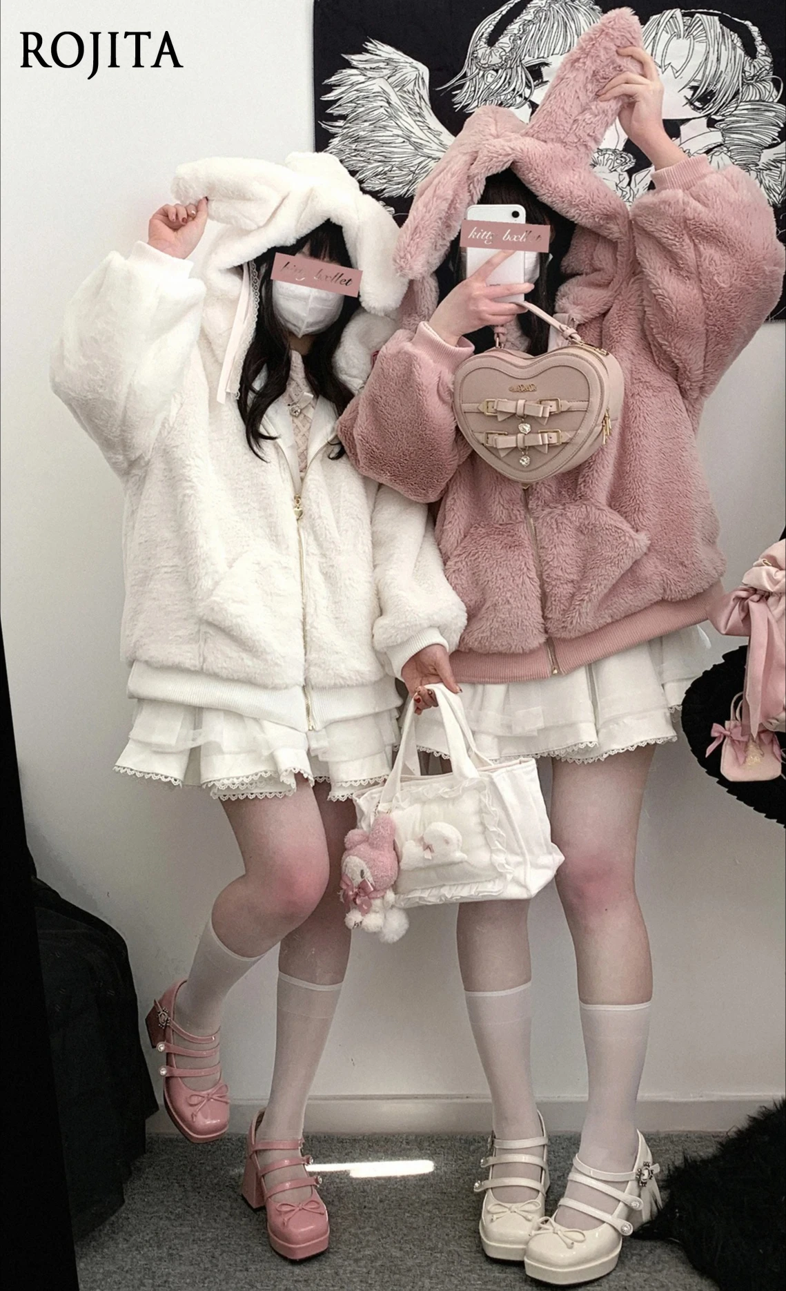 

Японская зимняя женская куртка с капюшоном на молнии, с длинными рукавами, на завязках, с милыми розовыми плюшевыми ушками кролика, из искусственного меха