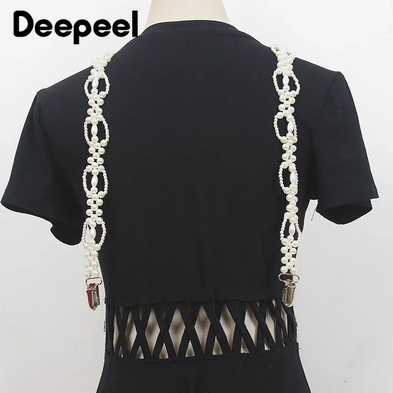 Deepeel ใหม่ 1 คู่ 69*2 ซม.แฟชั่น Pearl CHAIN ตกแต่ง Suspenders ปรับกางเกงลูกปัดหญิงเอวรัดตัว Braces