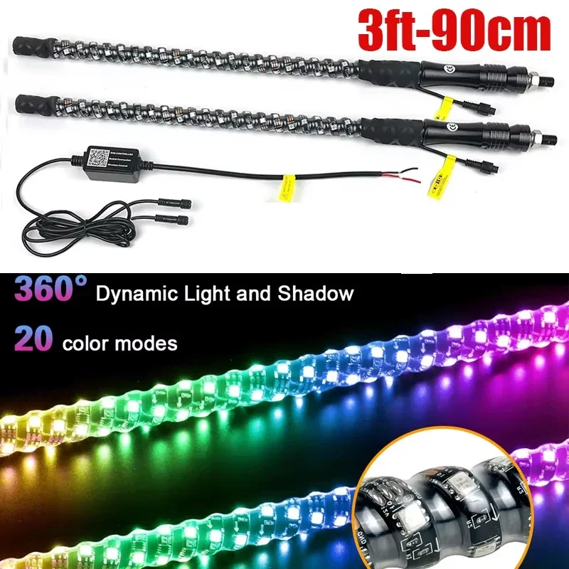 

2 шт., 3 фута/90 см, RGB, флагшток, лампа с дистанционным управлением через приложение для Utv Jeep Off-Road Rzr Polaris, грузовик, автомобиль 4X4, песочный багги
