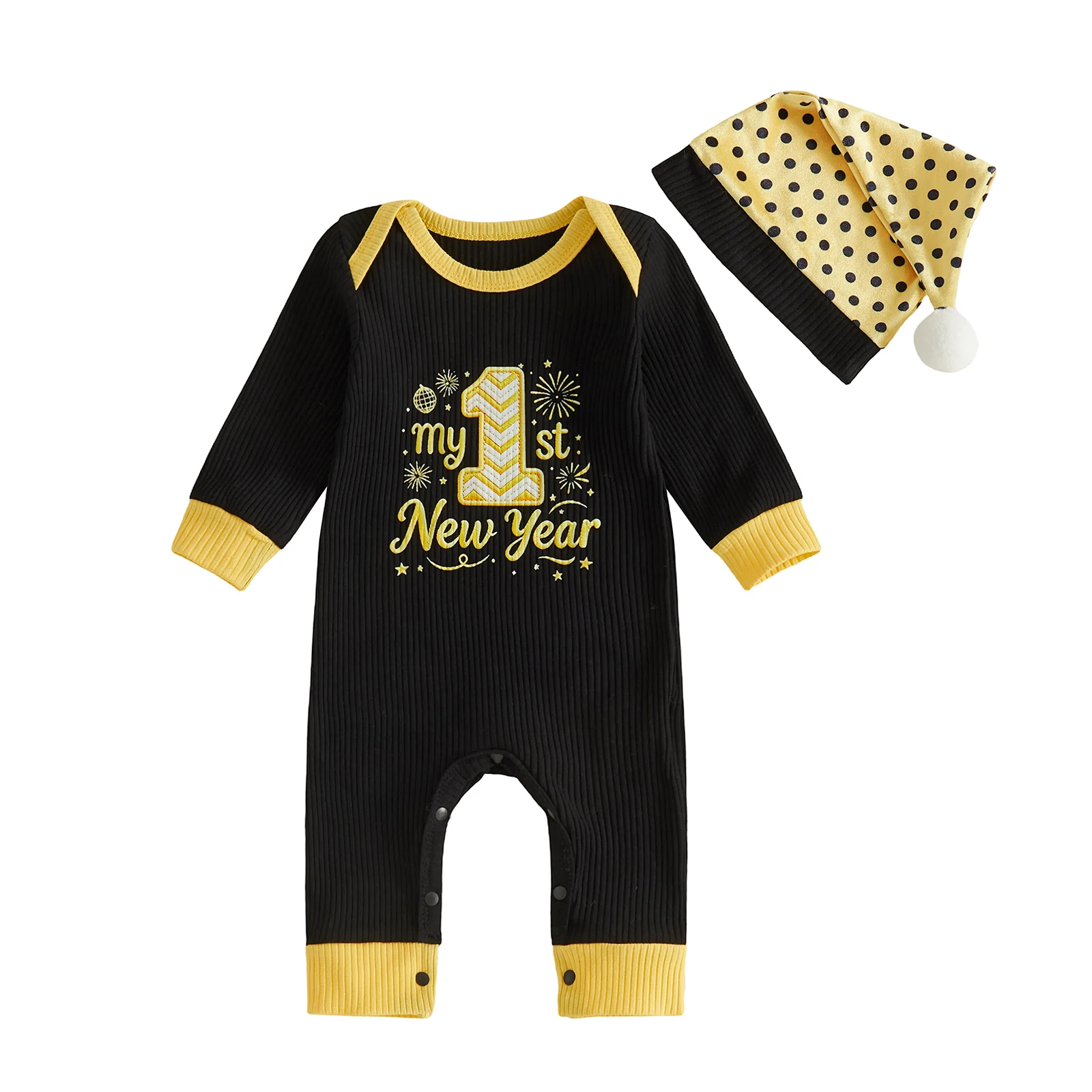 Newborn Baby New Year Outfit Embroidered Long Sleeve Romper Dot Print Hat