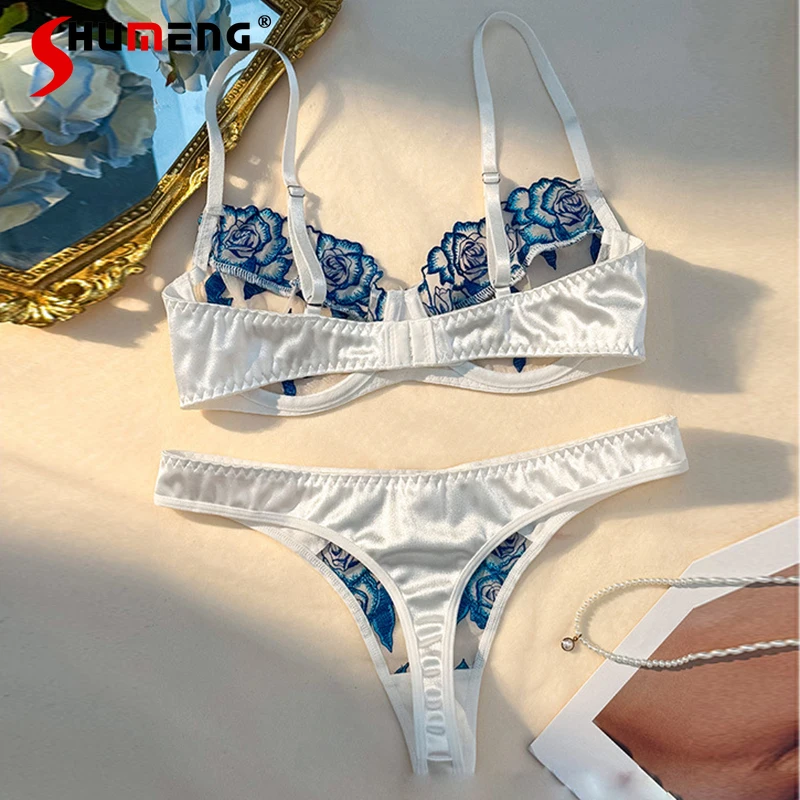 French Sexy Lingerie Outfits for Women Pure Embroidered Blue Floral Bra Set Female Underwire Push Up Ultra Thin Brief Suits