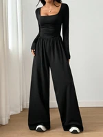 Women's Casual Solid Color Square Neck Long Sleeve A-Line Jumpsuit Pleating Wide Leg Loose Mopping Jumpsuit Spring/Fall 2026 - Image 3
