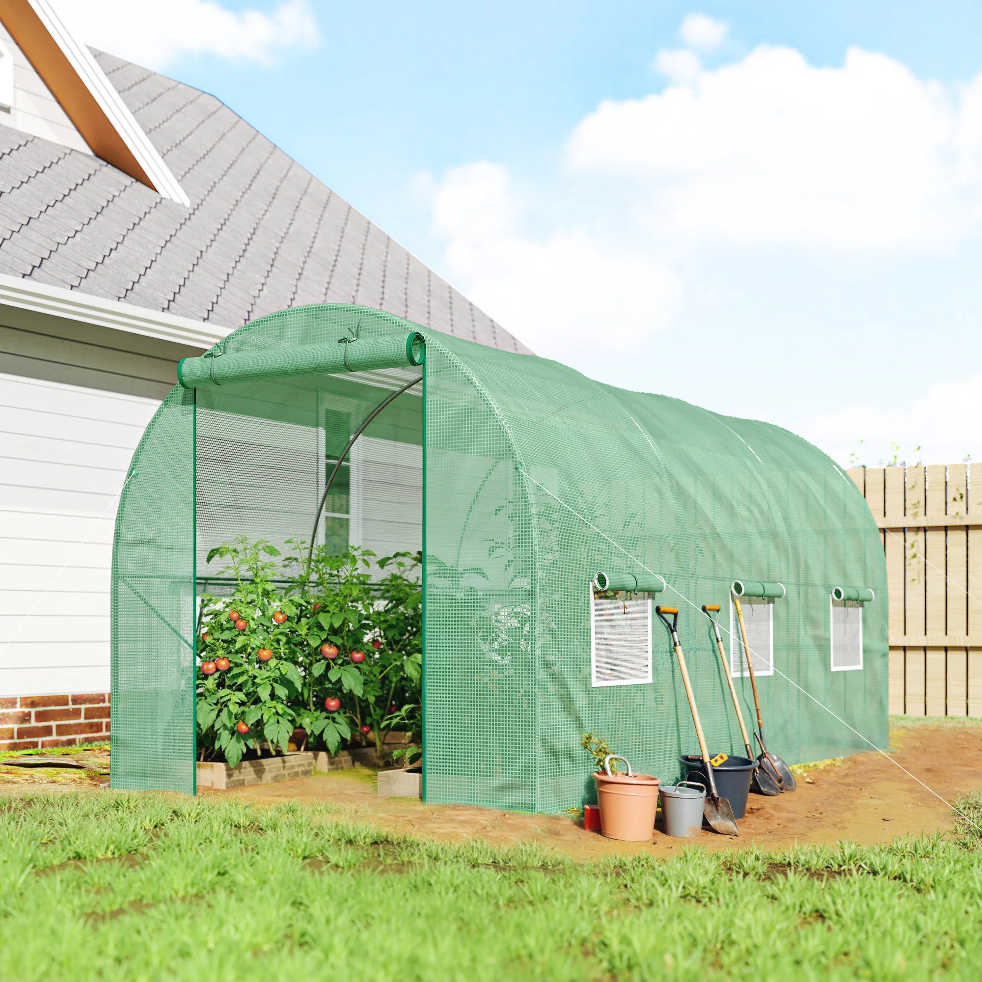 Walk-In Tunnel-Style Green House W/ Roll-Up Front Entrance & Six Side Windows