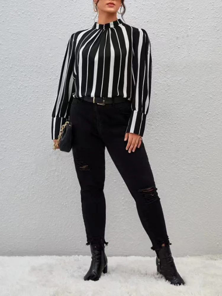 GIBSIE Plus Size Black And White Striped Shirt Tops Women Spring Autumn Stand Collar Long Sleeve Office Ladies Casual Blouses