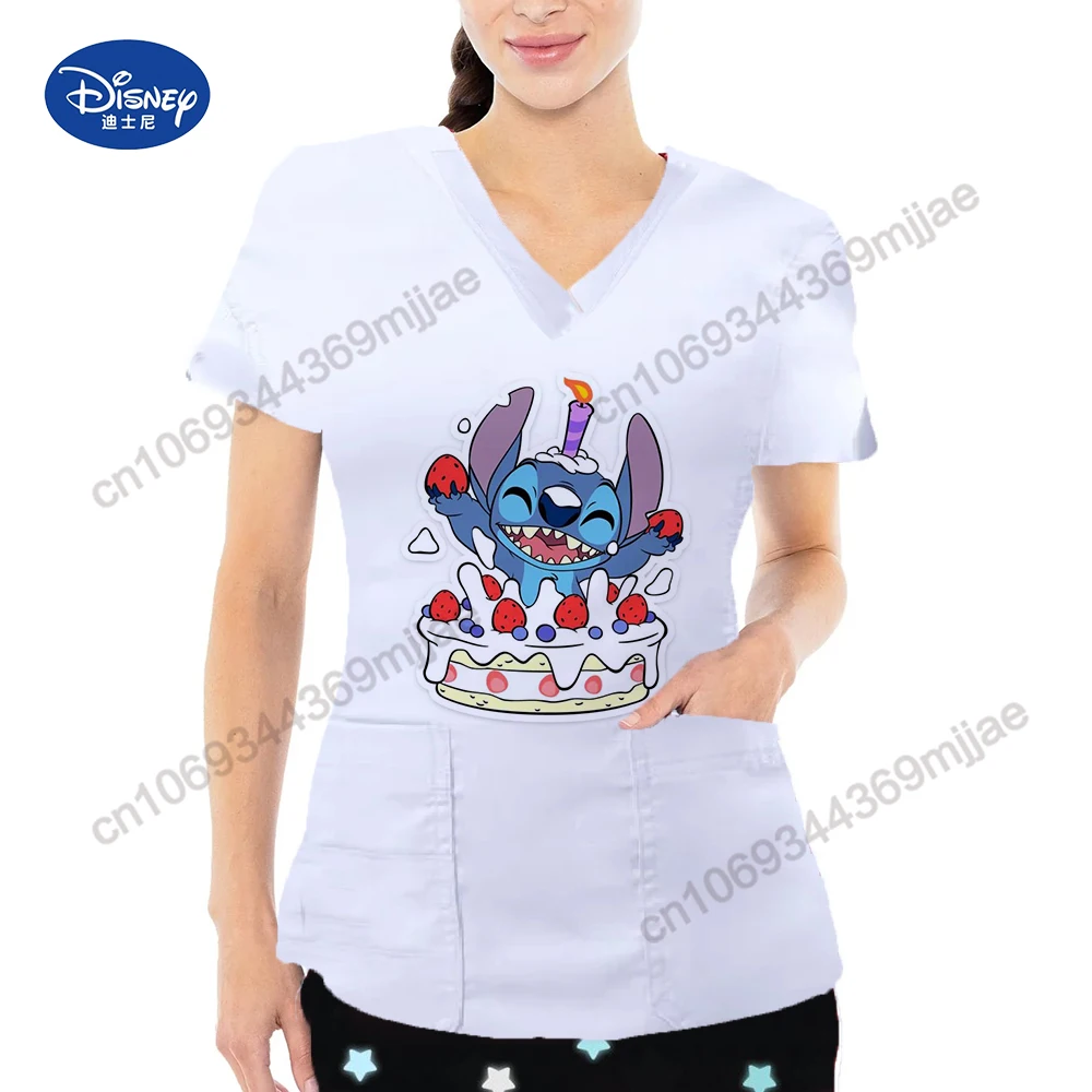 Summer Casual Women's T-shirts Two-Pocket Design Cartoon Pattern Female Clothes Free Shipping V-neck Short Sleeves Top for Women image 4