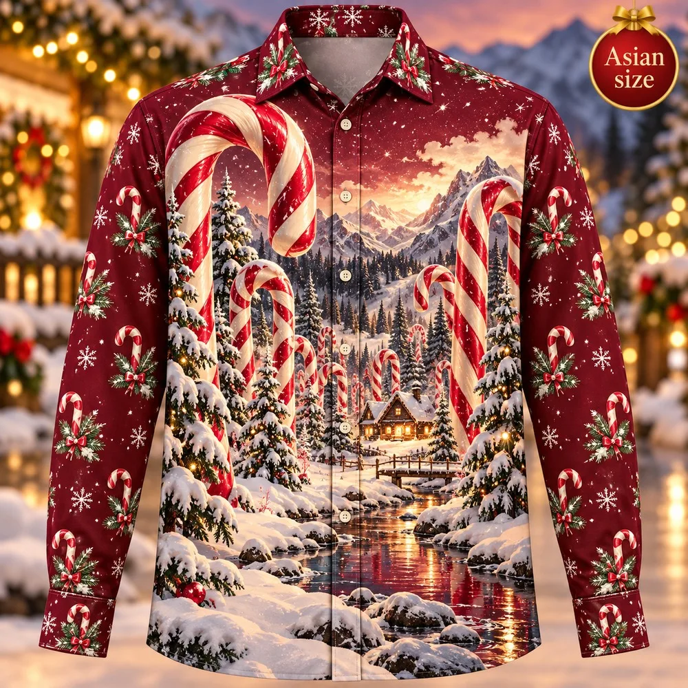 2026 Christmas Candy Cane Wonderland Long Sleeve Button Down Shirt for Men 3D Print Polyester Holiday Party Winter Top Shirts