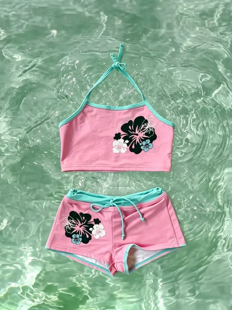 Vintage Hawaiian Flower Halter Crop Top + High Waist Boyshort Bikini Set Beach Swimwear