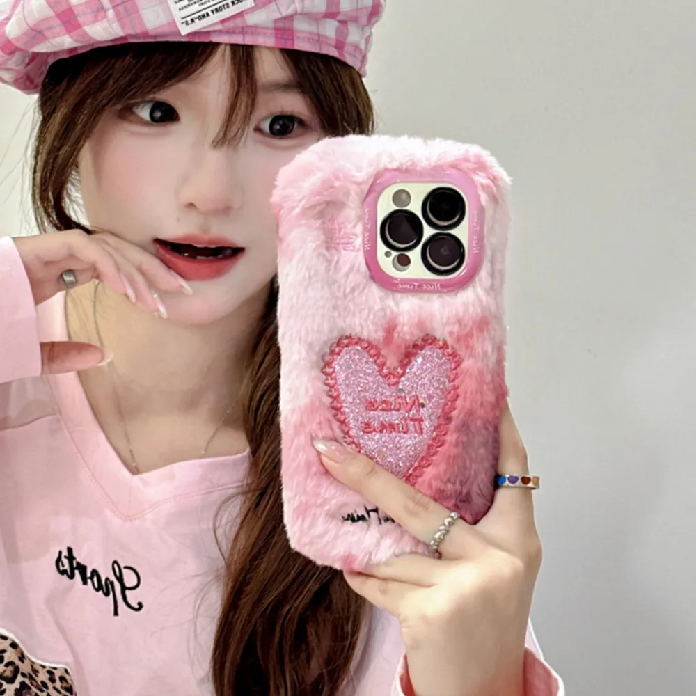 Plush Embroidered 3D Cartoon Love Phone Case Hole Lens Holder Protection Cover For Huawei Mate 60 P70 Pro Plus Ultra