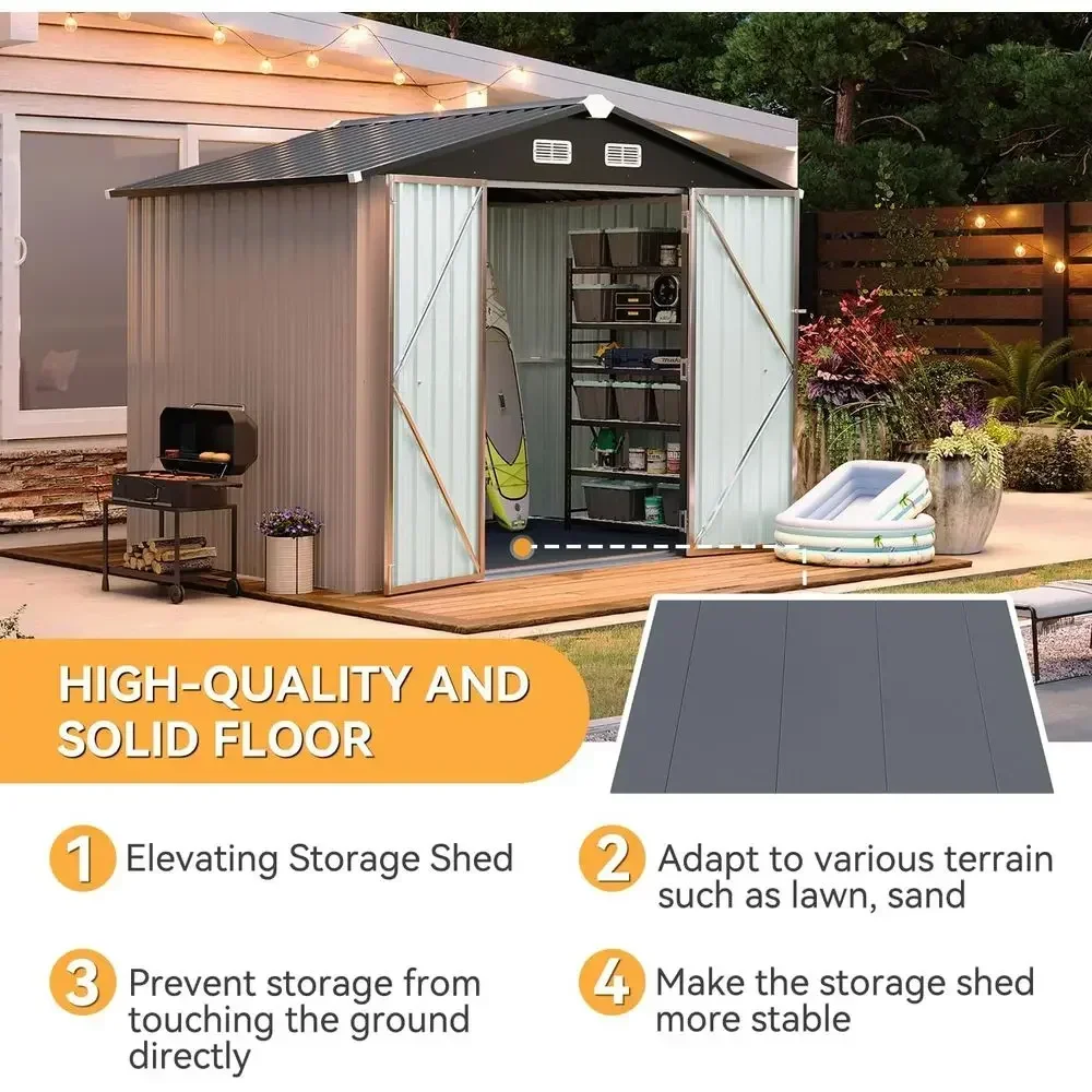 6x8ft Galvanized Steel Outdoor Storage Shed with Double Doors, Moisture-Proof Floor, Ventilation, and Sloped Roof for Bike/Gener