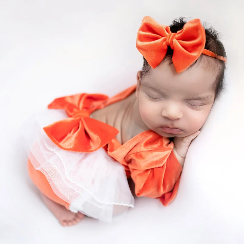 Ylsteed Newborn Velvet Romper Photography Clothes with Bow Headband Baby Girl Lace Outfit for Photo Shooting