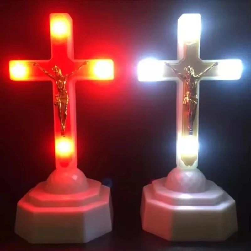 Electronic LED Small Cross Jesus Eucharist Light Cabinet Vigil Light Bitter Image of Christ Catholic Holy Object OurLady