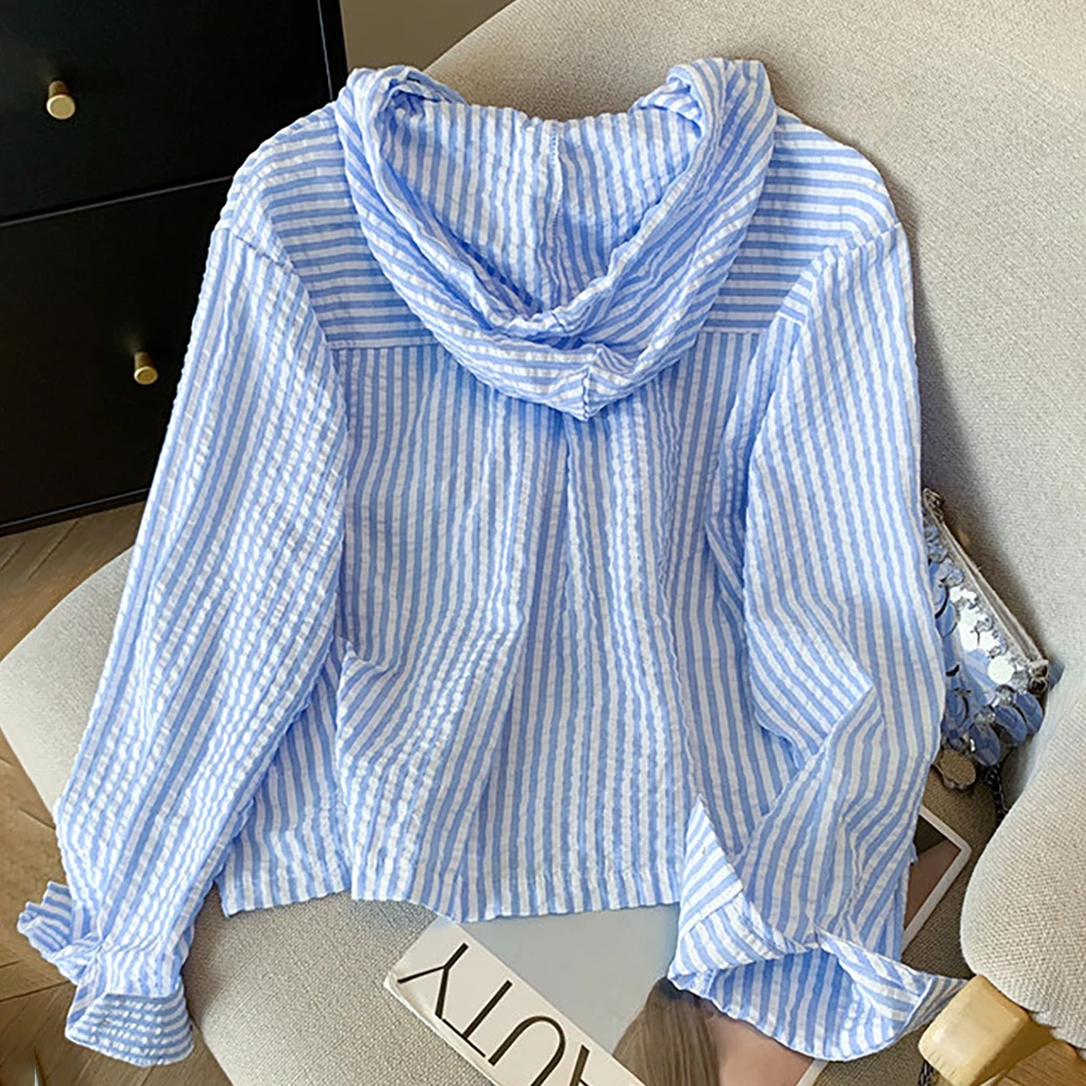 Camicie con cappuccio a righe blu stile coreano Donna Primavera Autunno Manica lunga Cappotto corto Casual Felpe con cappuccio monopetto Top