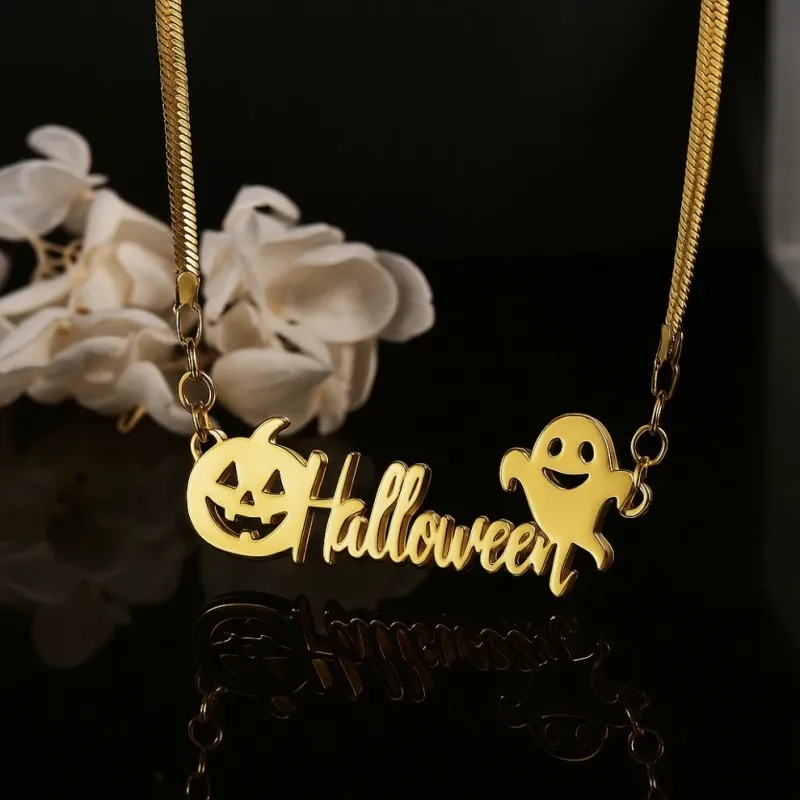 

Customized Stainless Steel Halloween Necklace Personalized Pumpkin Pendant With your Name Snake Chain Halloween Jewelry Gifts