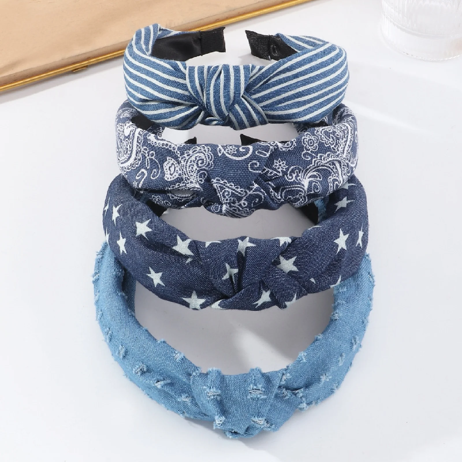 

4PCS Cowboy, Fabric, Knot Hair Band, Stripe, Fashion, Hole, Hair Band, Female, Wide Hair Band, High Quality, Durable, Simple, Co