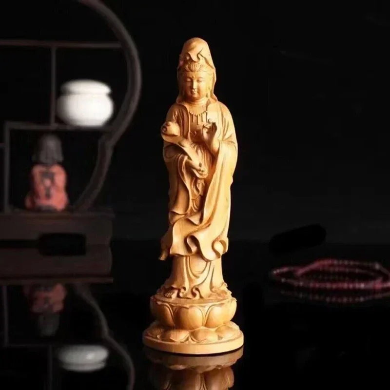 wood carving Ruyi Guanyin buddha statues China Buddha Feng Shui decorative characters Living room, office Room decoration