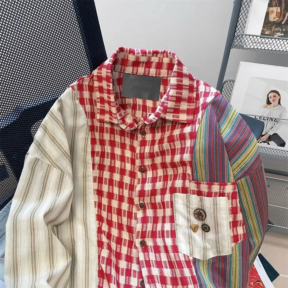 Women Clothes Vintage Plaid Patchwork Striped Blouse Autumn Loose Trend All-match Turn-down Collar Long Sleeve Pocket Shirts