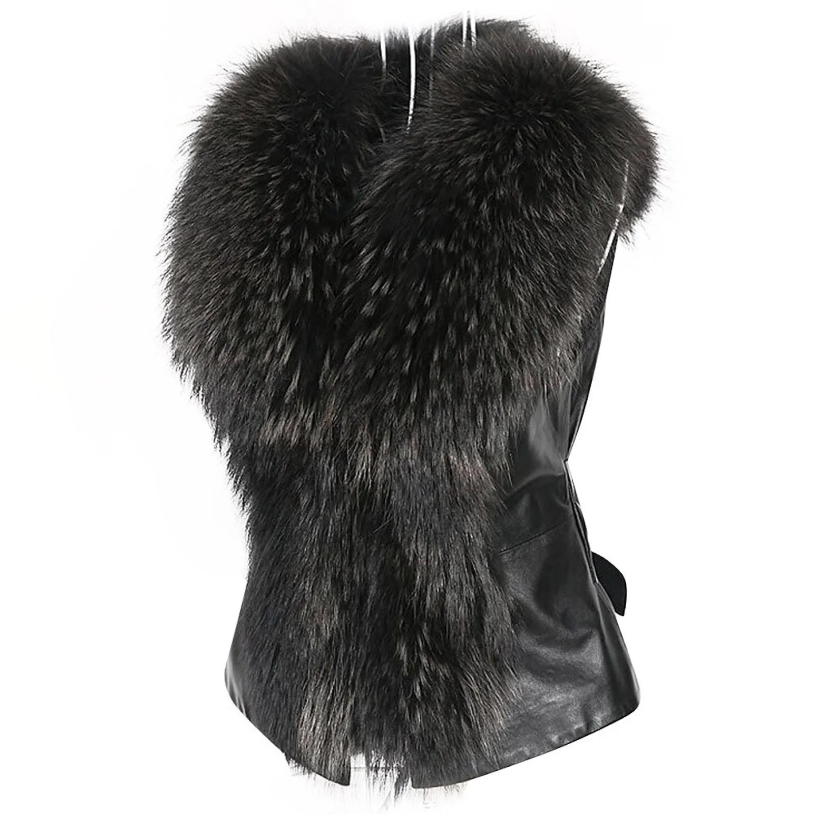 Women Fur vest Female PU Leather Waistcoat 2024 New Ladies PU Leather Splicing Faux Fox Fur Collar Sleeveless Jacket