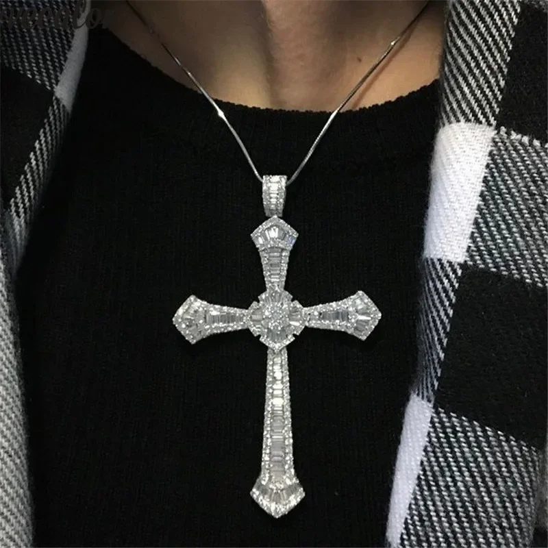 Luxury Long Big Cross pendant S925 Sterling Silver Diamond cross Pendant necklace for Women Men Party Wedding Jewelry